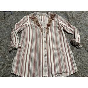 Soft Surroundings Beaded Tunic Womens M Repose Berry Stripe Linen Blend